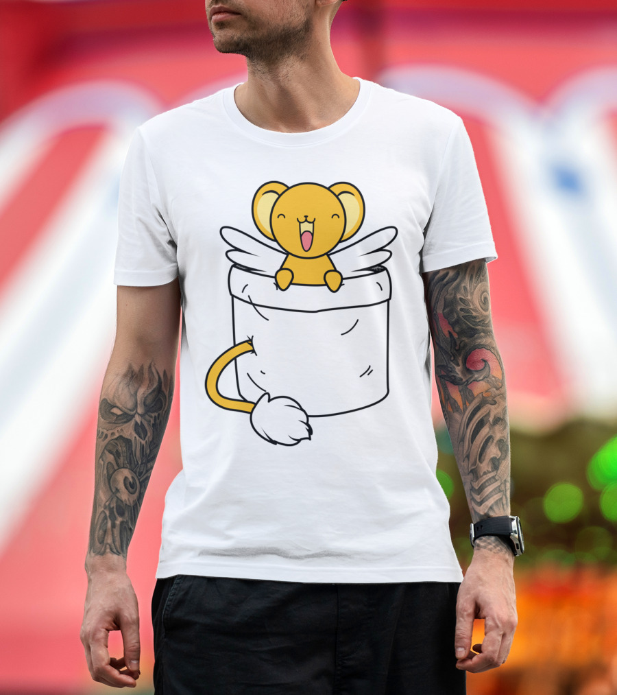 Kerobero Winged Creature Playfully Peeking from Pocket T-Shirt