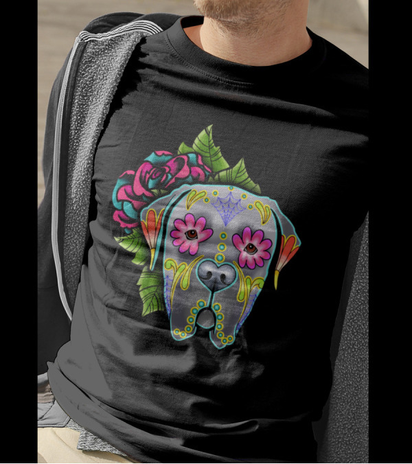 Mastiff Grey Day Of The Dead Sugar Skull With Flowers T-Shirt