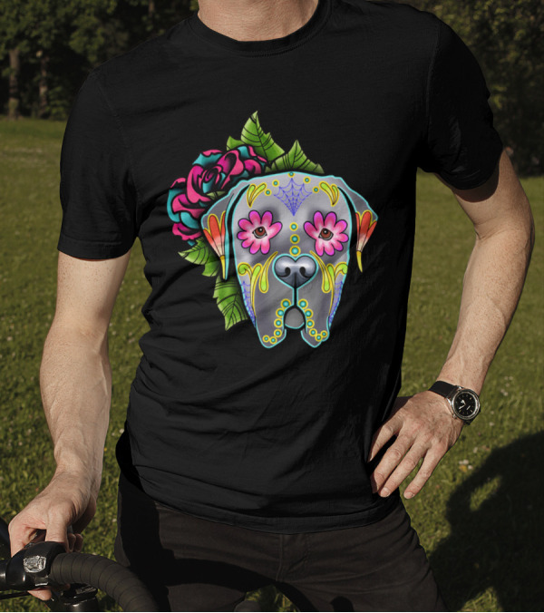 Mastiff Grey Day Of The Dead Sugar Skull With Flowers T-Shirt