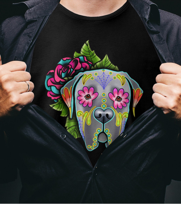 Mastiff Grey Day Of The Dead Sugar Skull With Flowers T-Shirt