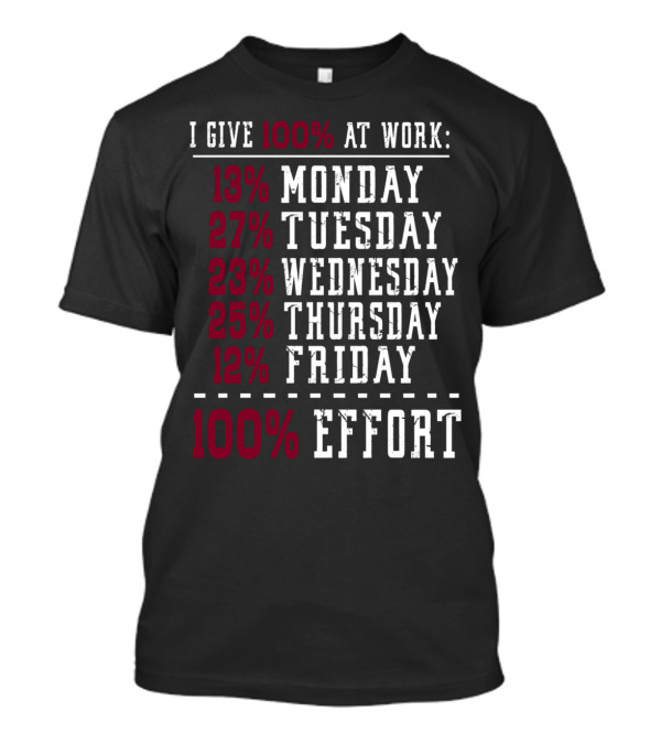I Give 100% At Work: 13% Monday 27% Tuesday 23% Wednesday 25% Thursday 12% Friday 100% Effort T-Shirt