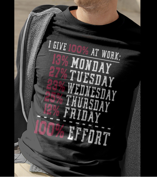I Give 100% At Work: 13% Monday 27% Tuesday 23% Wednesday 25% Thursday 12% Friday 100% Effort T-Shirt