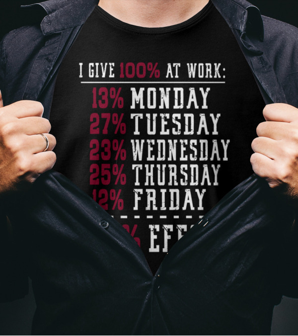 I Give 100% At Work: 13% Monday 27% Tuesday 23% Wednesday 25% Thursday 12% Friday 100% Effort T-Shirt