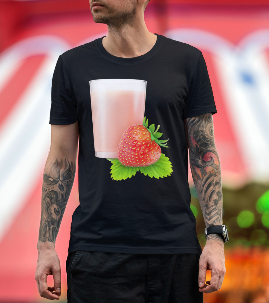 Strawberry Milkshake Sti Creamy Pink Drink with Fresh Fruit on Leaf T-Shirt
