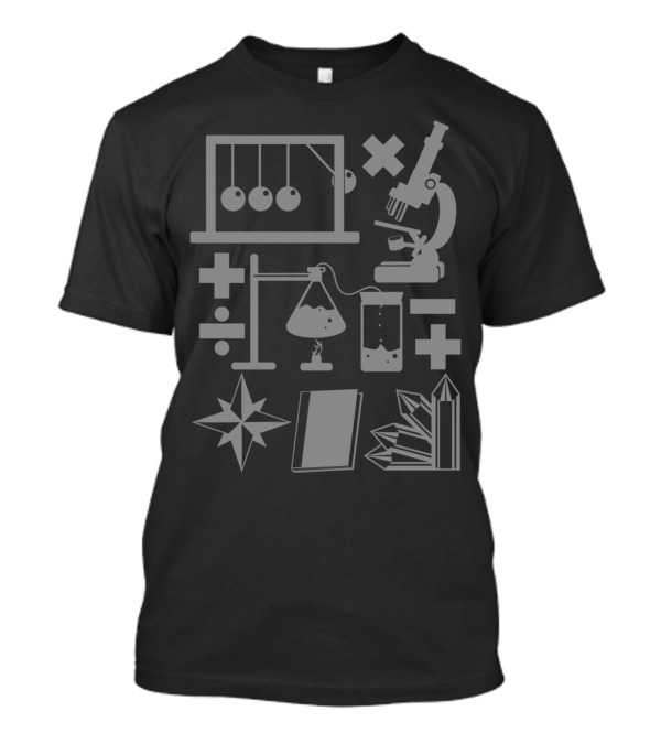Science Symbols Newton's Cradle Microscope Chemistry Flask Plus Minus Crystals T-Shirt