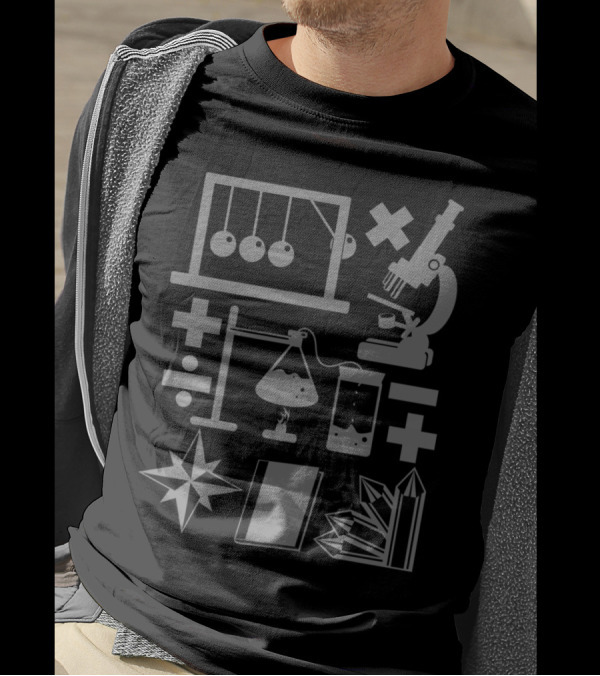 Science Symbols Newton's Cradle Microscope Chemistry Flask Plus Minus Crystals T-Shirt