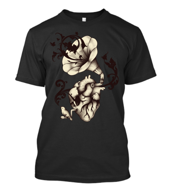 Listen To Your Heart Gramophone Heart With Bird And Floral Swirls T-Shirt