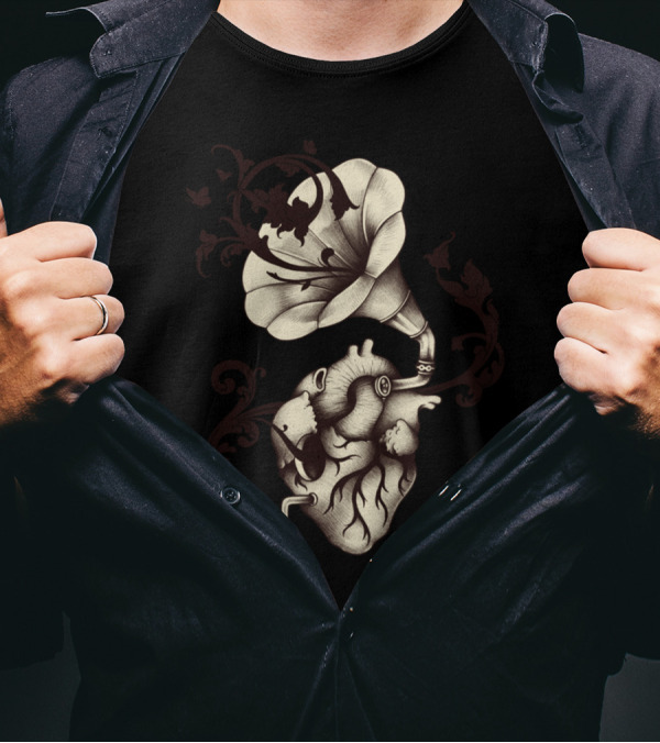 Listen To Your Heart Gramophone Heart With Bird And Floral Swirls T-Shirt