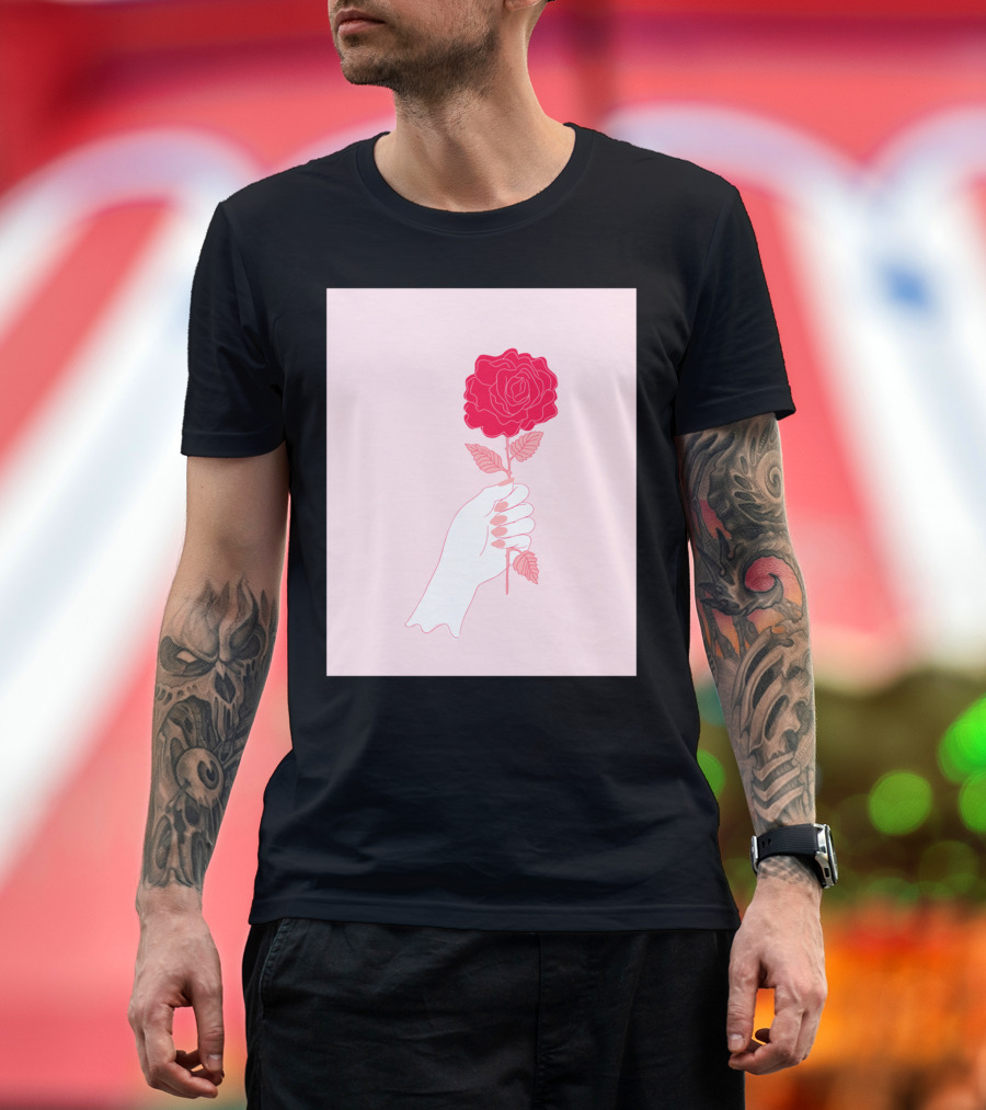 Feminist Rose Hand Holding Red Flower on Pink Background T-Shirt