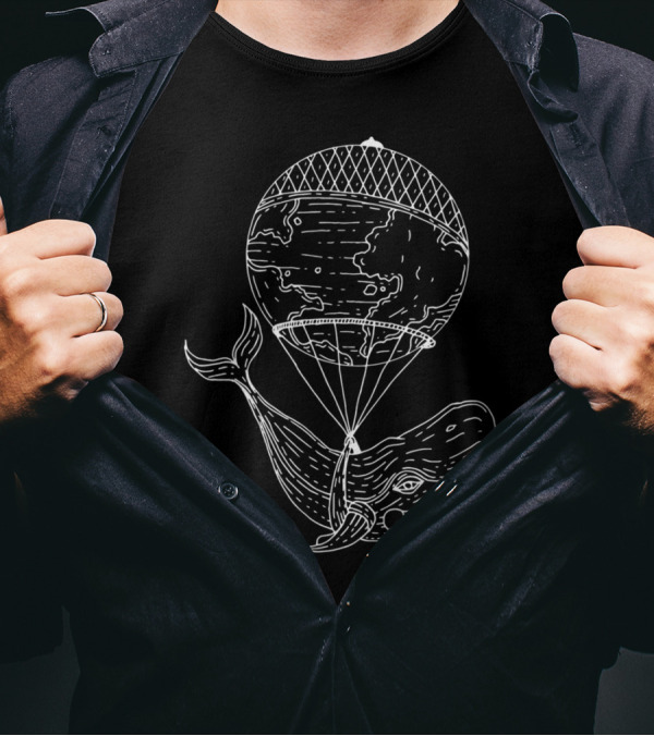 Whale Carrying Globe In Black And White Artwork Balloon Concept T-Shirt