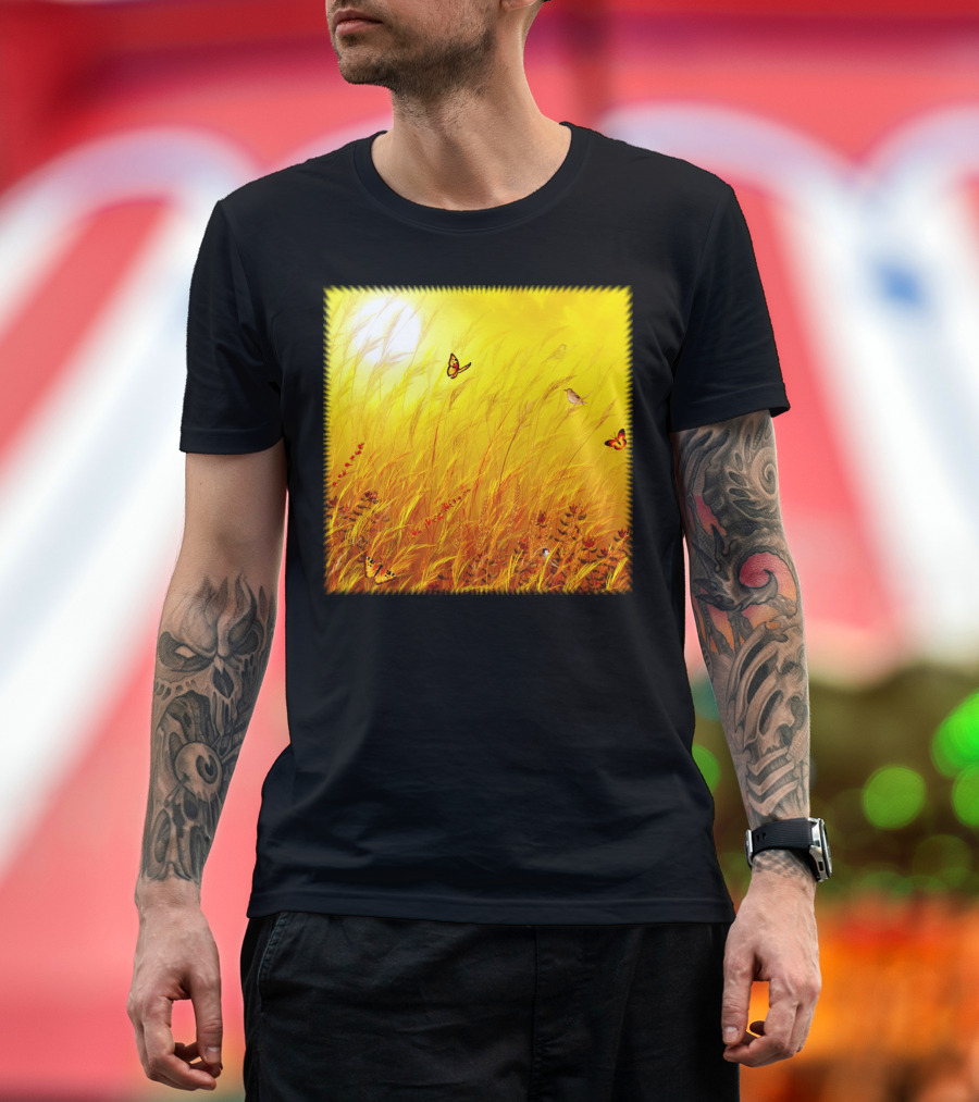 Field Of Grass Dream Butterflies and Sunlit Meadow Scene T-Shirt