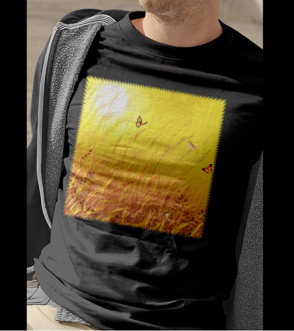 Field Of Grass Dream Butterflies And Sunlit Meadow Scene T-Shirt