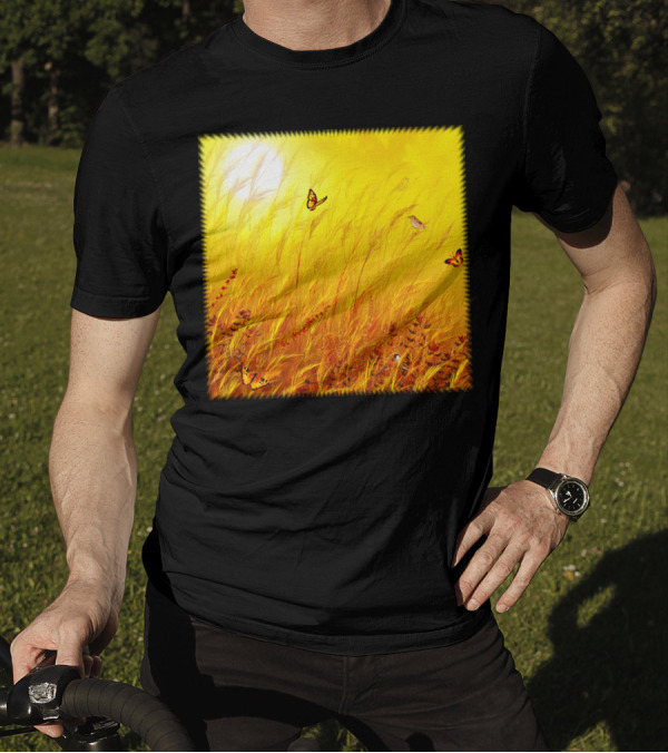 Field Of Grass Dream Butterflies And Sunlit Meadow Scene T-Shirt