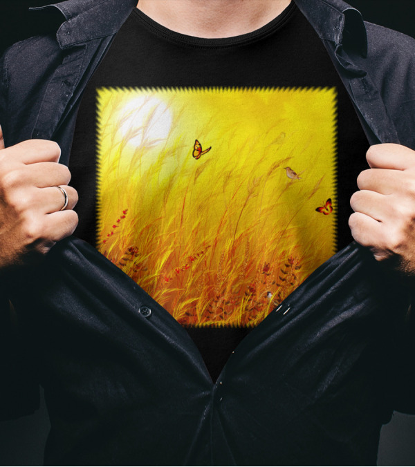 Field Of Grass Dream Butterflies And Sunlit Meadow Scene T-Shirt