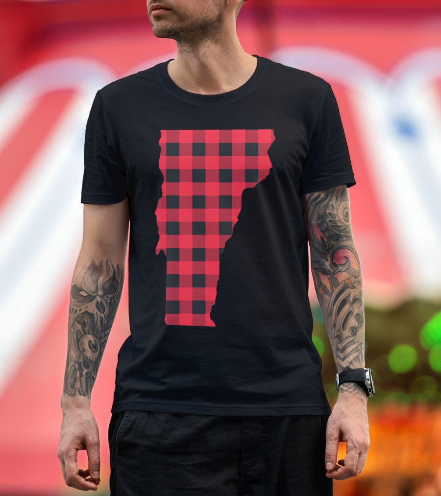 Red and Black Checkered State of Vermont Shape T-Shirt