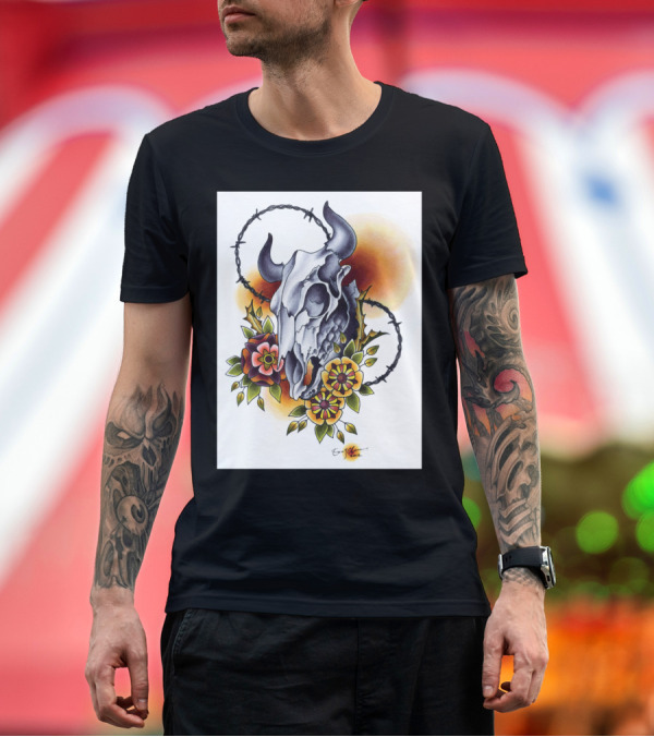 Premium T-Shirt: Cow Skull Floral Barbed Wire Art by Ern Mancini T-Shirt Cow Skull Floral Barbed Wire Art by Ern Mancini T-Shirt