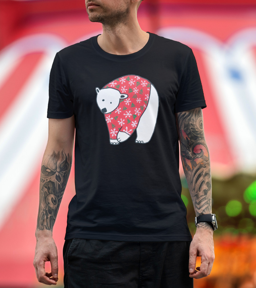Polar Bear in Christmas Sweater with Snowflakes and Trees T-Shirt