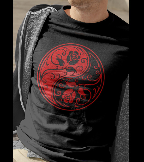 Red And Black Yin Yang Rose Circle T-Shirt