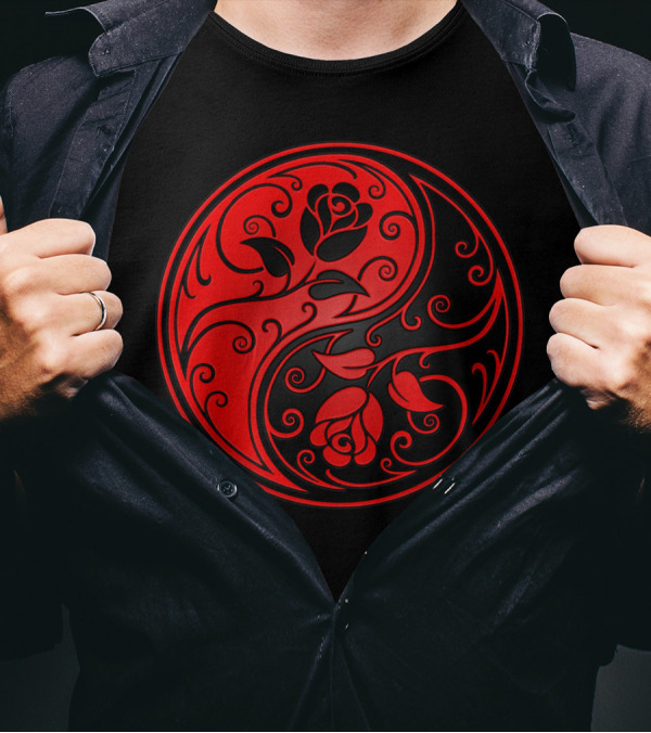 Red And Black Yin Yang Rose Circle T-Shirt