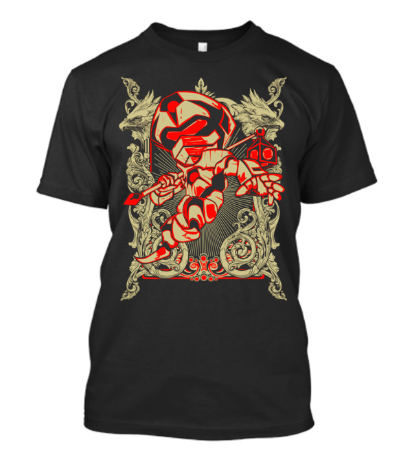 King Libra Zodiac Mecha Warrior With Ornate Dragon Background T-Shirt