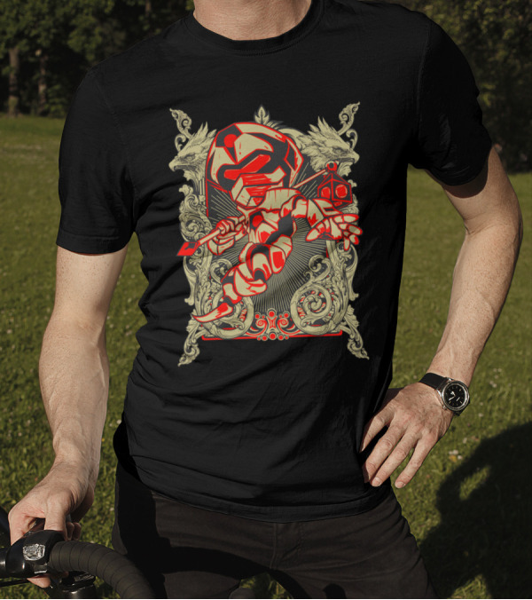 King Libra Zodiac Mecha Warrior With Ornate Dragon Background T-Shirt