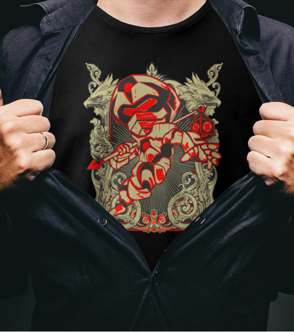 King Libra Zodiac Mecha Warrior With Ornate Dragon Background T-Shirt