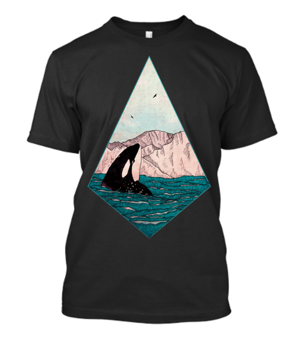 Orca Breaching In Ocean Amidst Mountains T-Shirt
