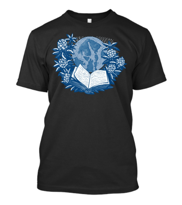 Orcas Island Map Book Rhododendron Drawing With Globe And Open Book T-Shirt