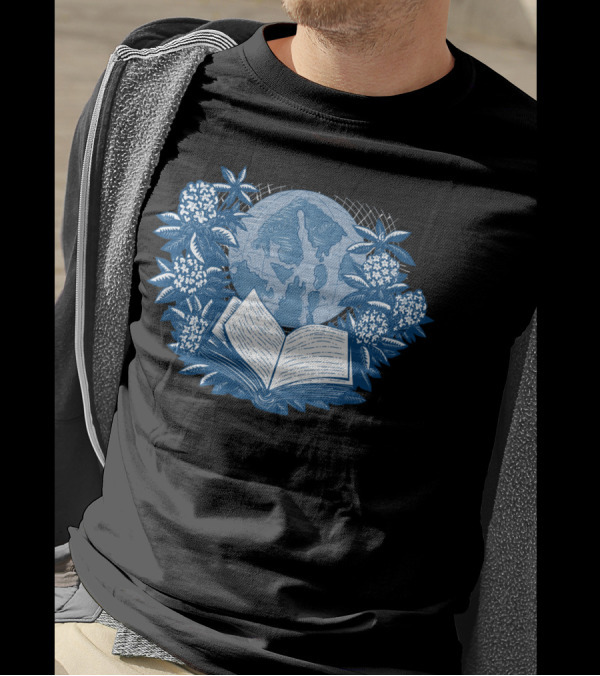 Orcas Island Map Book Rhododendron Drawing With Globe And Open Book T-Shirt