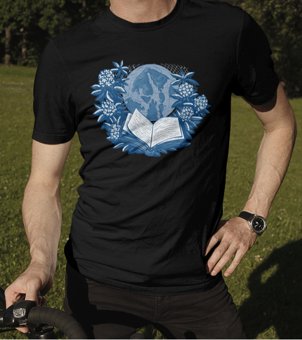 Orcas Island Map Book Rhododendron Drawing With Globe And Open Book T-Shirt