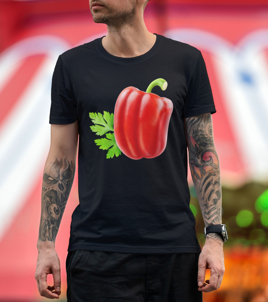 Red Bell Pepper with Green Stem and Leaves T-Shirt