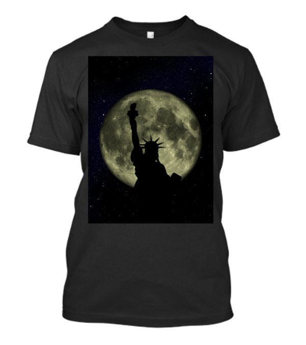 New York Liberty Moon Statue Silhouette Against Full Moon Sky T-Shirt