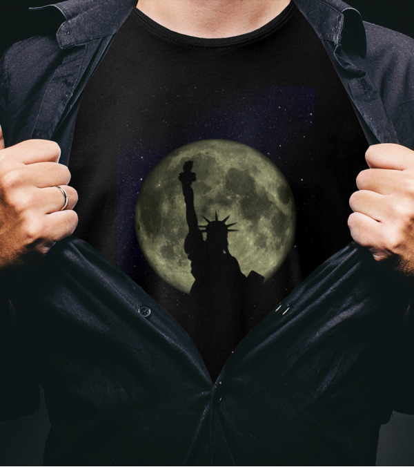 New York Liberty Moon Statue Silhouette Against Full Moon Sky T-Shirt