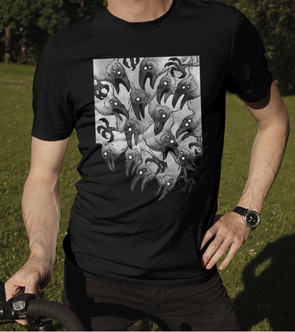 Crows Manga Style Horror Illustration Unique Dark Birds T-Shirt