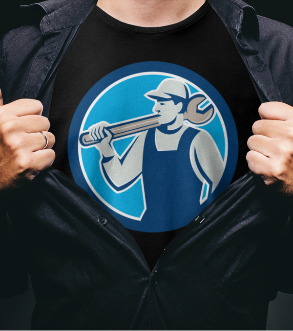 Mechanic Worker Carrying Spanner Tool Emblem T-Shirt
