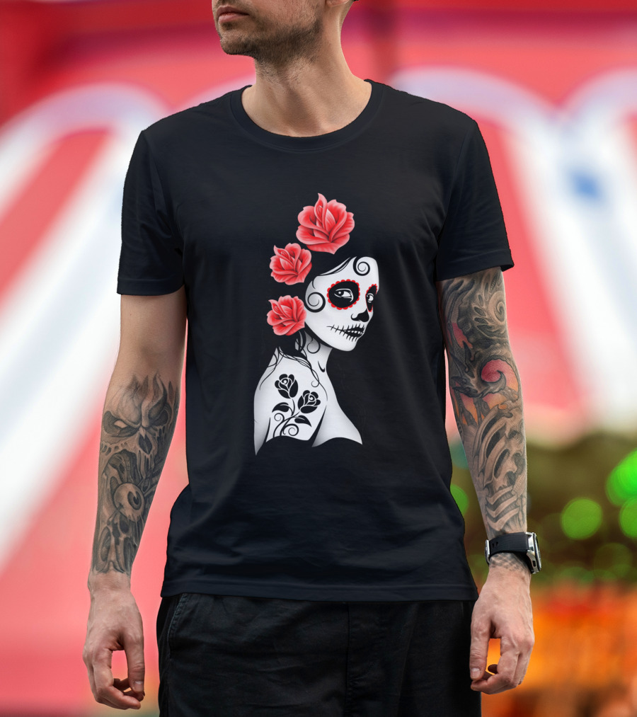 Red Day Of The Dead Sugar Skull Girl Roses T-Shirt