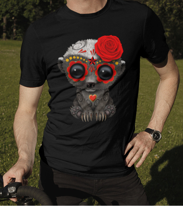 Red Day Of The Dead Sugar Skull Honey Badger设计 T-Shirt