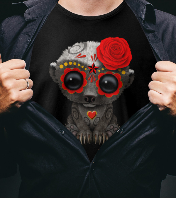 Red Day Of The Dead Sugar Skull Honey Badger设计 T-Shirt