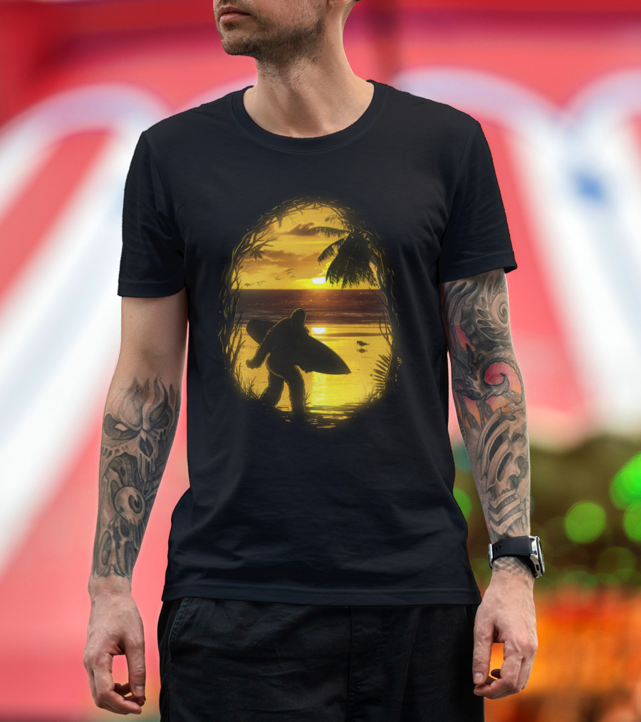 Secret Spot Bigfoot Surfing Sunset Scene T-Shirt