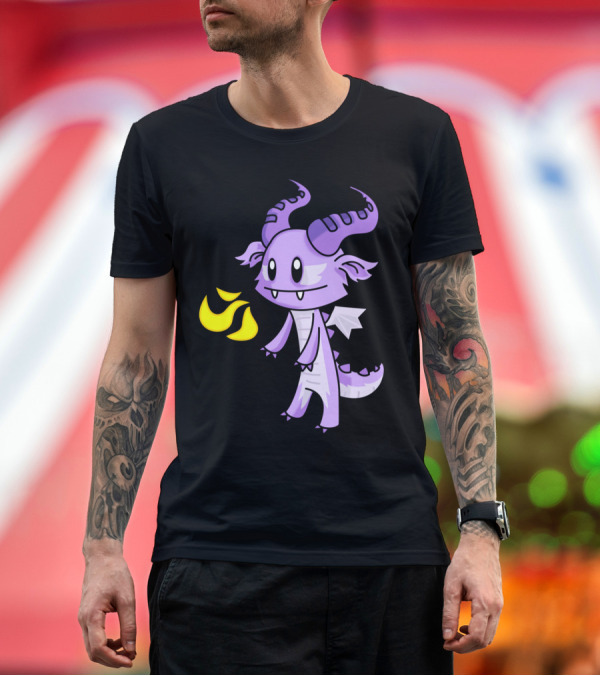 Premium T-Shirt: Fire Breathing Cute Purple Dragon with Horns and Flames T-Shirt Fire Breathing Cute Purple Dragon with Horns and Flames T-Shirt