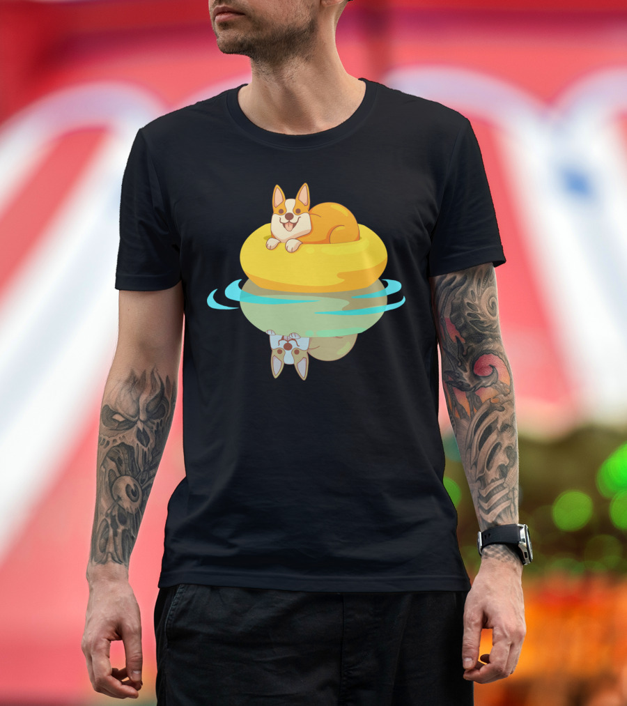 Summer Corgi on Yellow Pool Float with Water Reflection T-Shirt