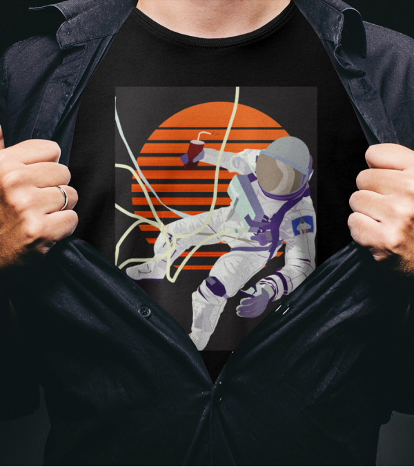 Summer Spaceman Wave Orange Sun Retro Astronaut With Soda Drink T-Shirt