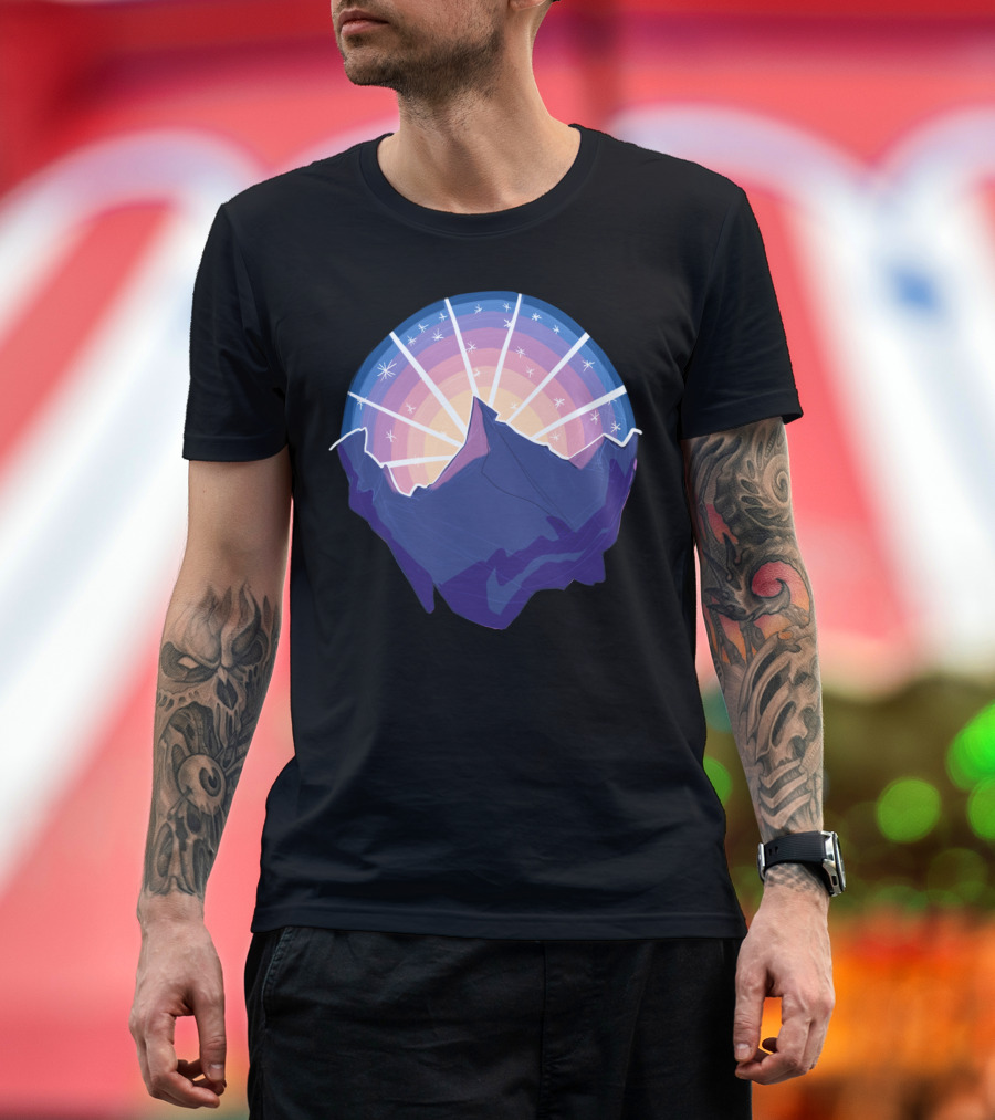 Mountain at Sunset with Stars in Vibrant Circle Horizon T-Shirt