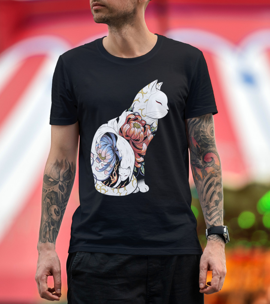Kitsune Cat Tattoo Fox Floral Japanese T-Shirt