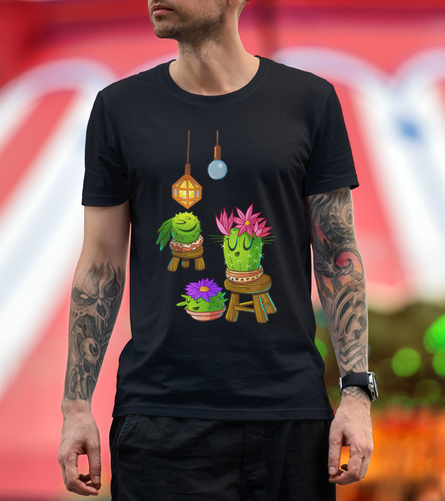 Cute Cacti on Stools with Flowers Under Hanging Lanterns T-Shirt