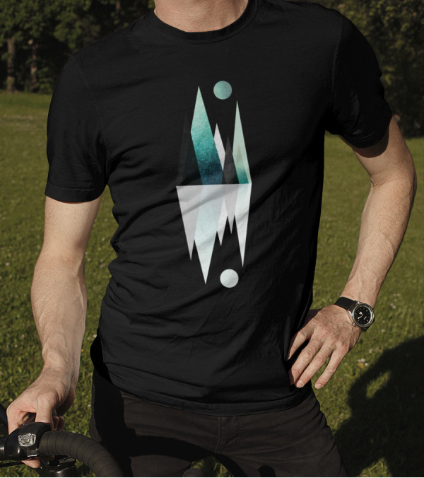 Mountain Range Reflection Geometric Landscape With Moon And Peaks T-Shirt