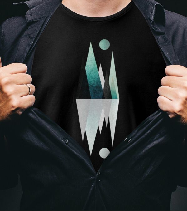 Mountain Range Reflection Geometric Landscape With Moon And Peaks T-Shirt