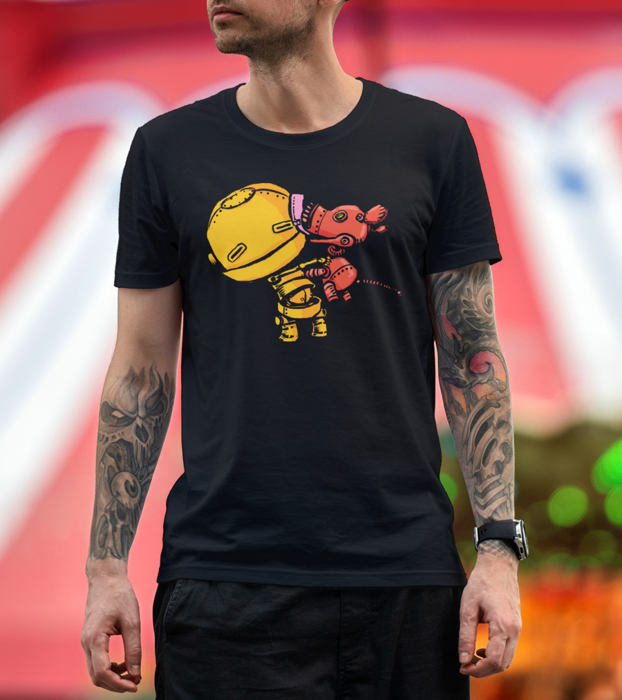 Cute Robot with Playful Puppy Hugging T-Shirt