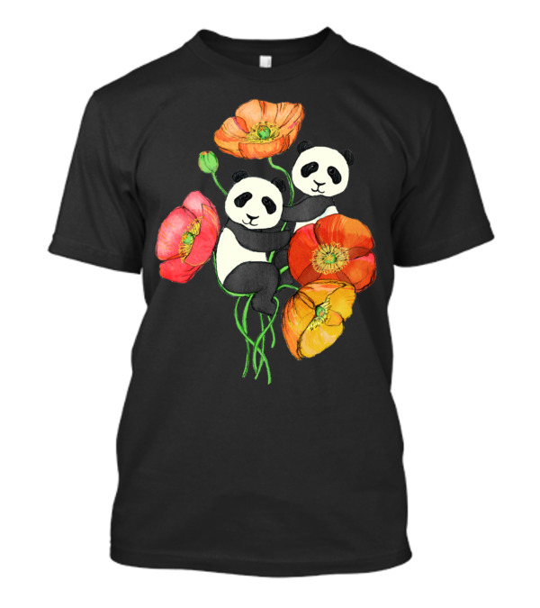 Poppies And Pandas Surrounded By Colorful Blooms T-Shirt