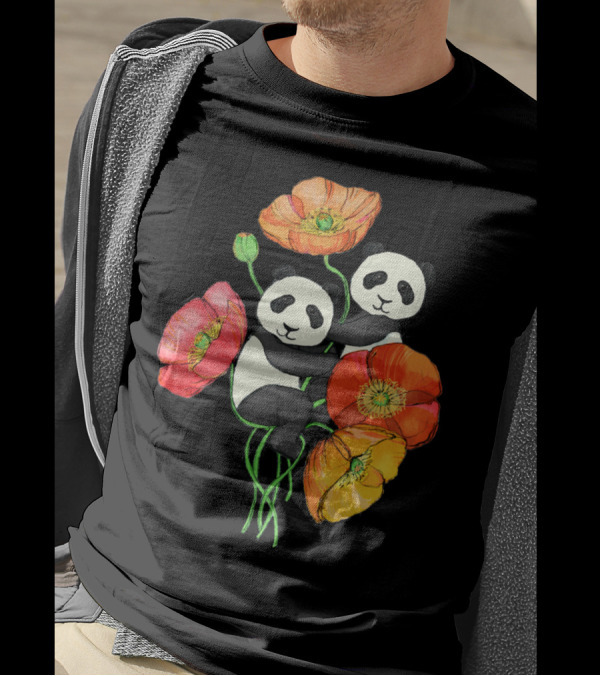 Poppies And Pandas Surrounded By Colorful Blooms T-Shirt